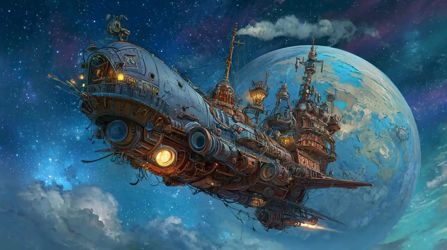 Astronave steampunk e strega cosmica in una galassia luminosa
