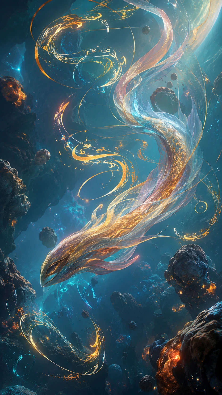 Creatura aliena fluida che scrive simboli luminosi nello spazio