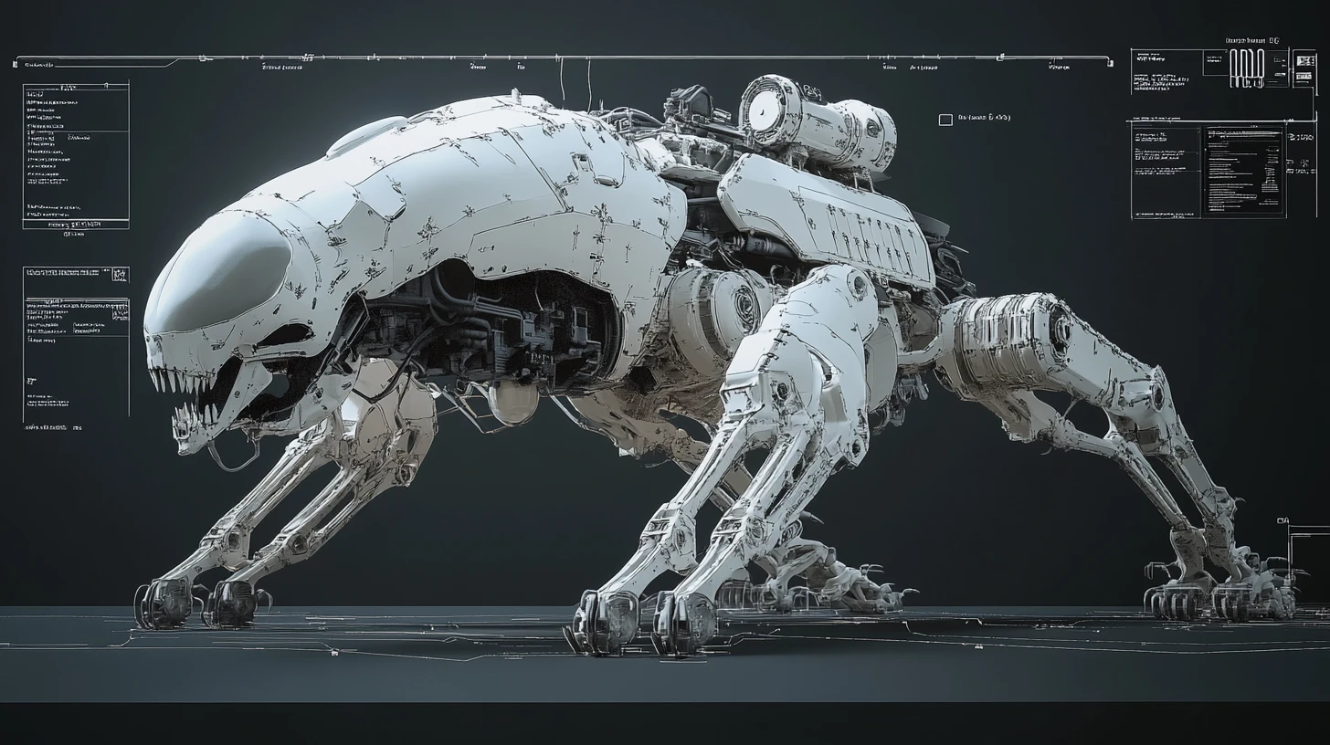 Alien exoskeleton battle mech with skull front and cannon