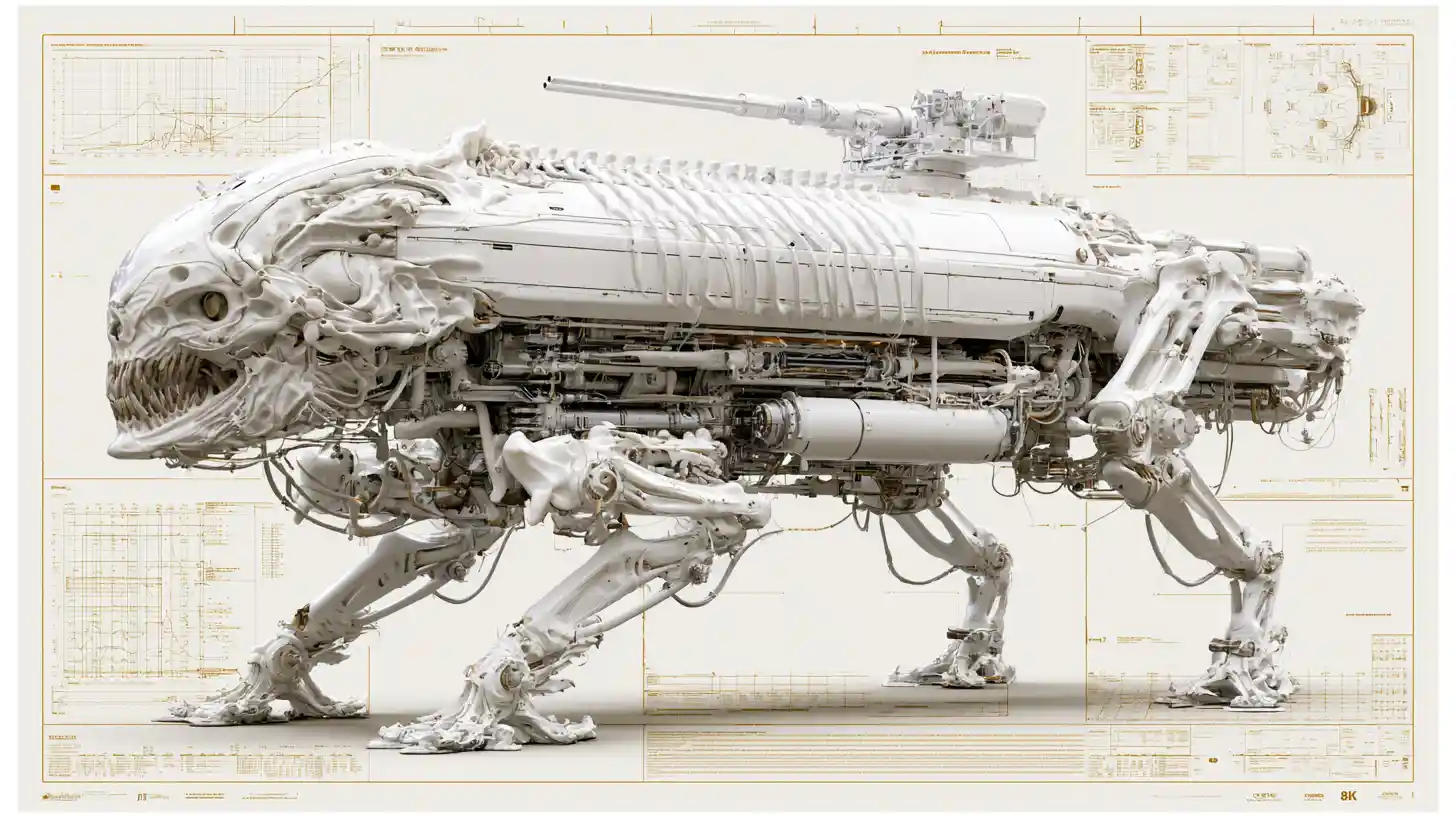 Organic alien battle walker with 3d technical schematics