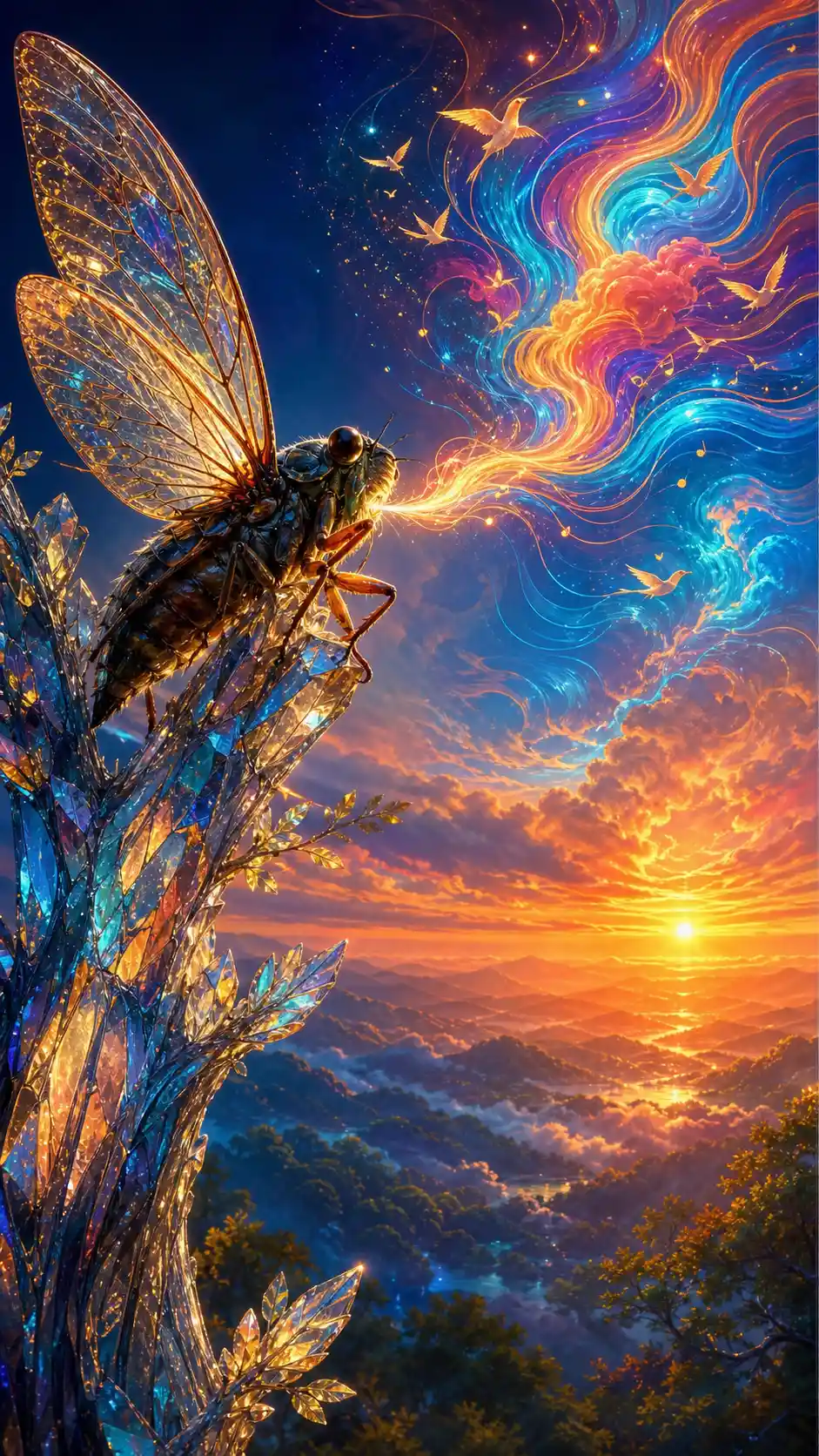 Cigarra Cantando Ondas de Colores en un Árbol de Cristal