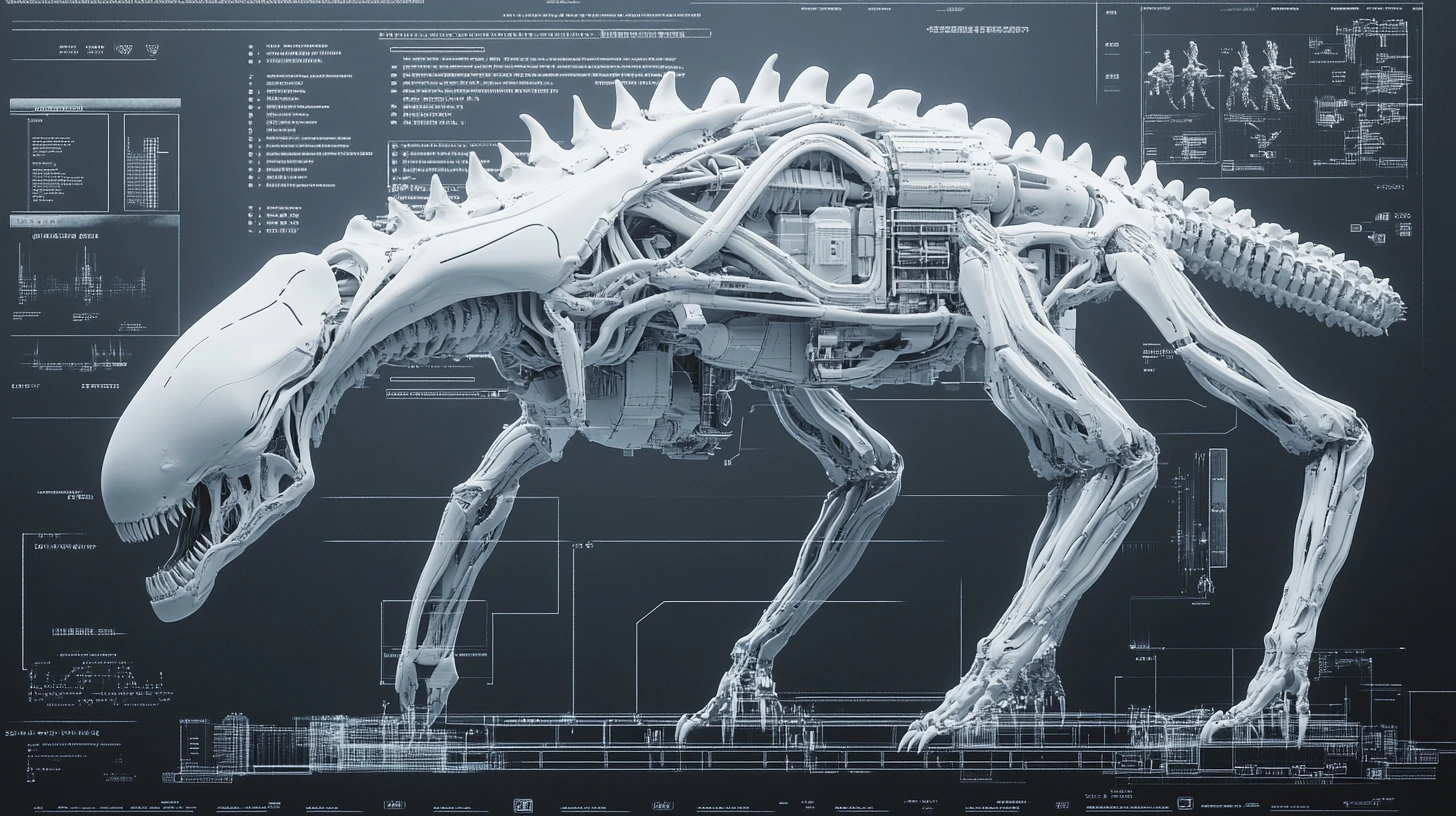 Alien exoskeleton battle mech in technical 3d diagram