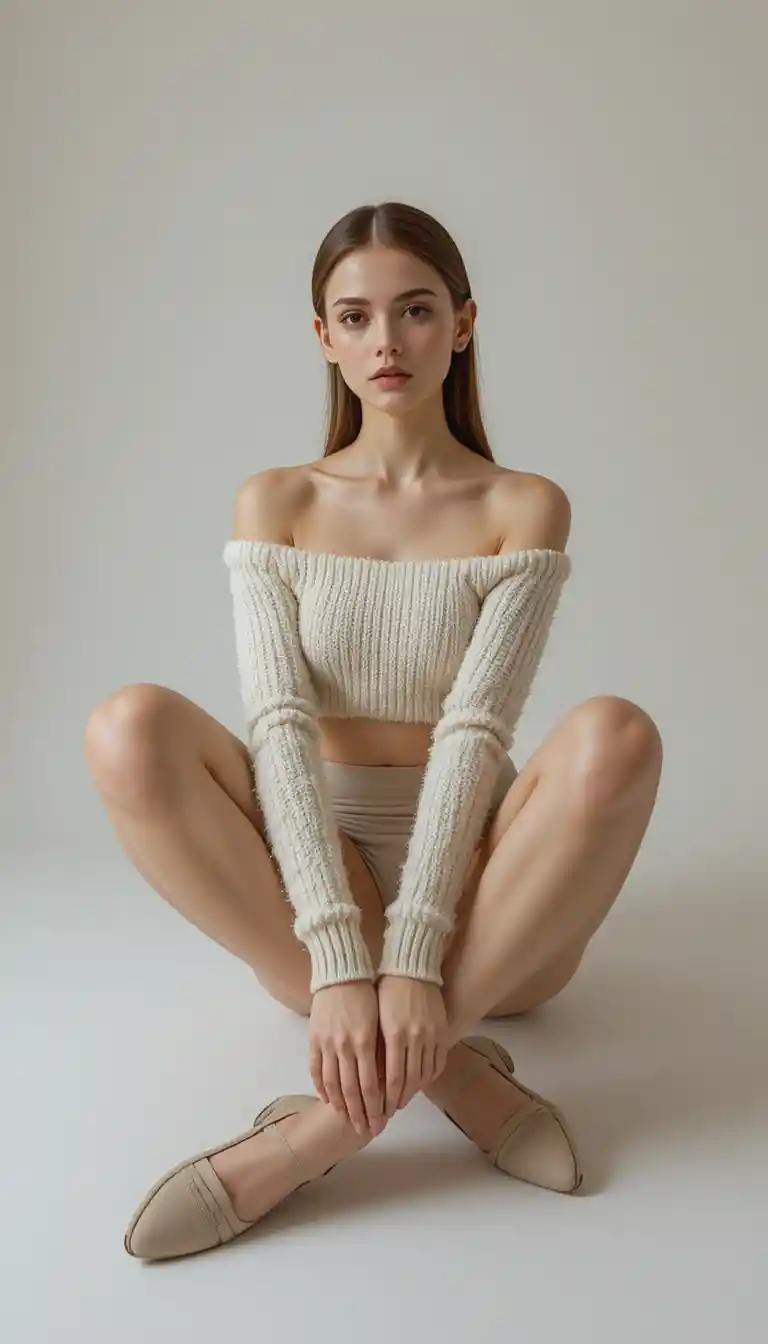 Mujer de moda minimalista sentada con conjunto de punto color crema