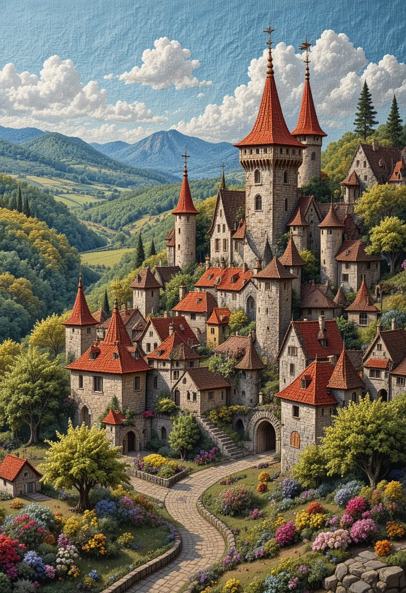 Colorido pueblo medieval creado como bordado detallado