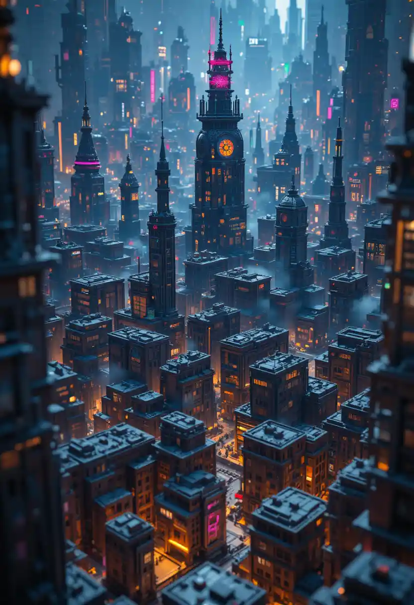 Megaciudad cyberpunk de LEGO en detallado paisaje urbano en miniatura