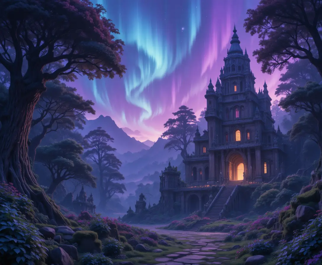 Ancient temple ruins glowing in an enchanted violet forest