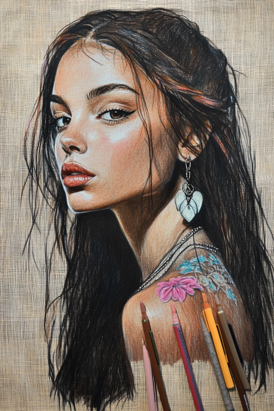 Ink and colored pencil close up portrait of a young woman