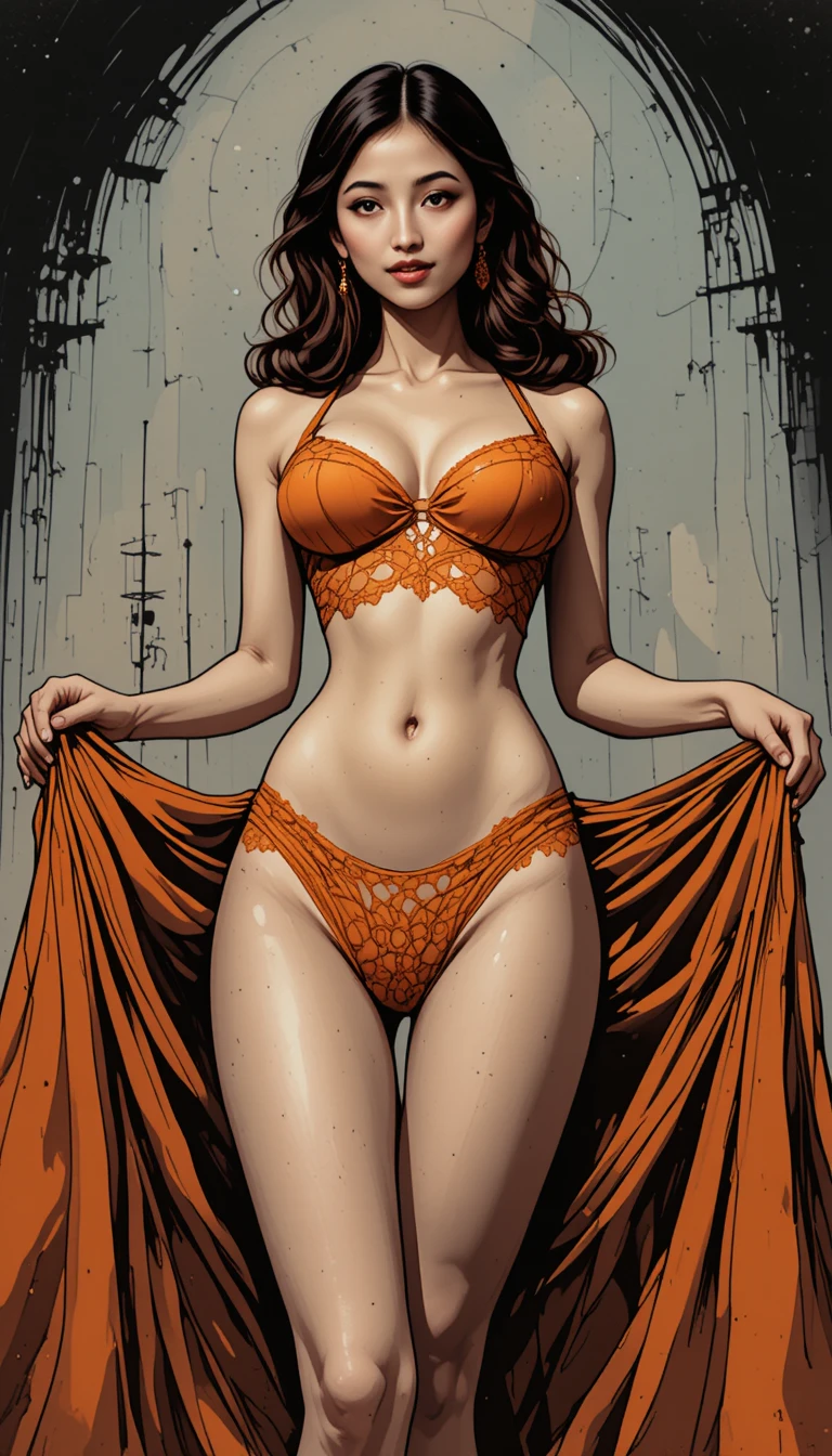 Elegant comic style woman in vintage low angle portrait