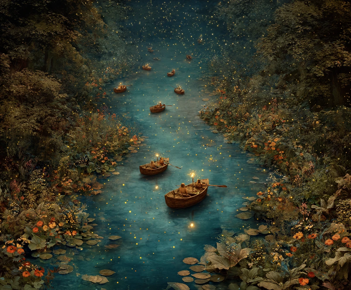 Pequeños barcos de luciérnagas que navegan por un arroyo fantástico a la luz de la luna