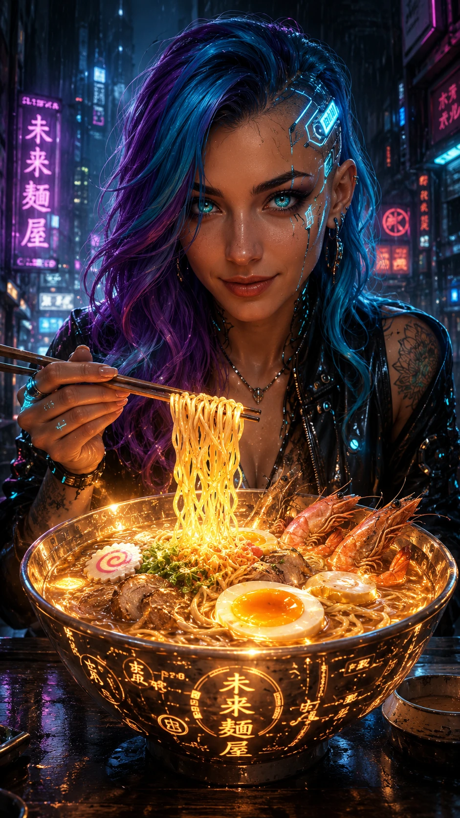 Mujer cyberpunk disfrutando de un cuenco de ramen mágico y brillante
