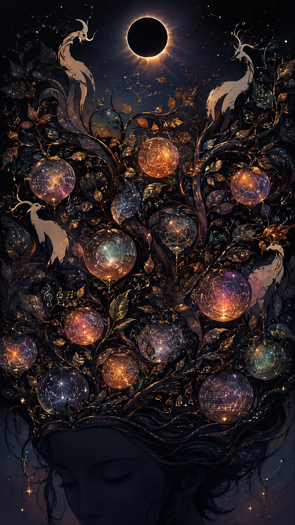 Ancient glowing orchard beneath a vast celestial eclipse