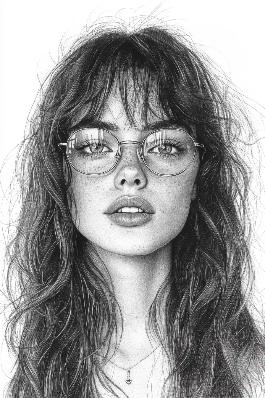 Pencil portrait of a girl with glasses and wavy hair