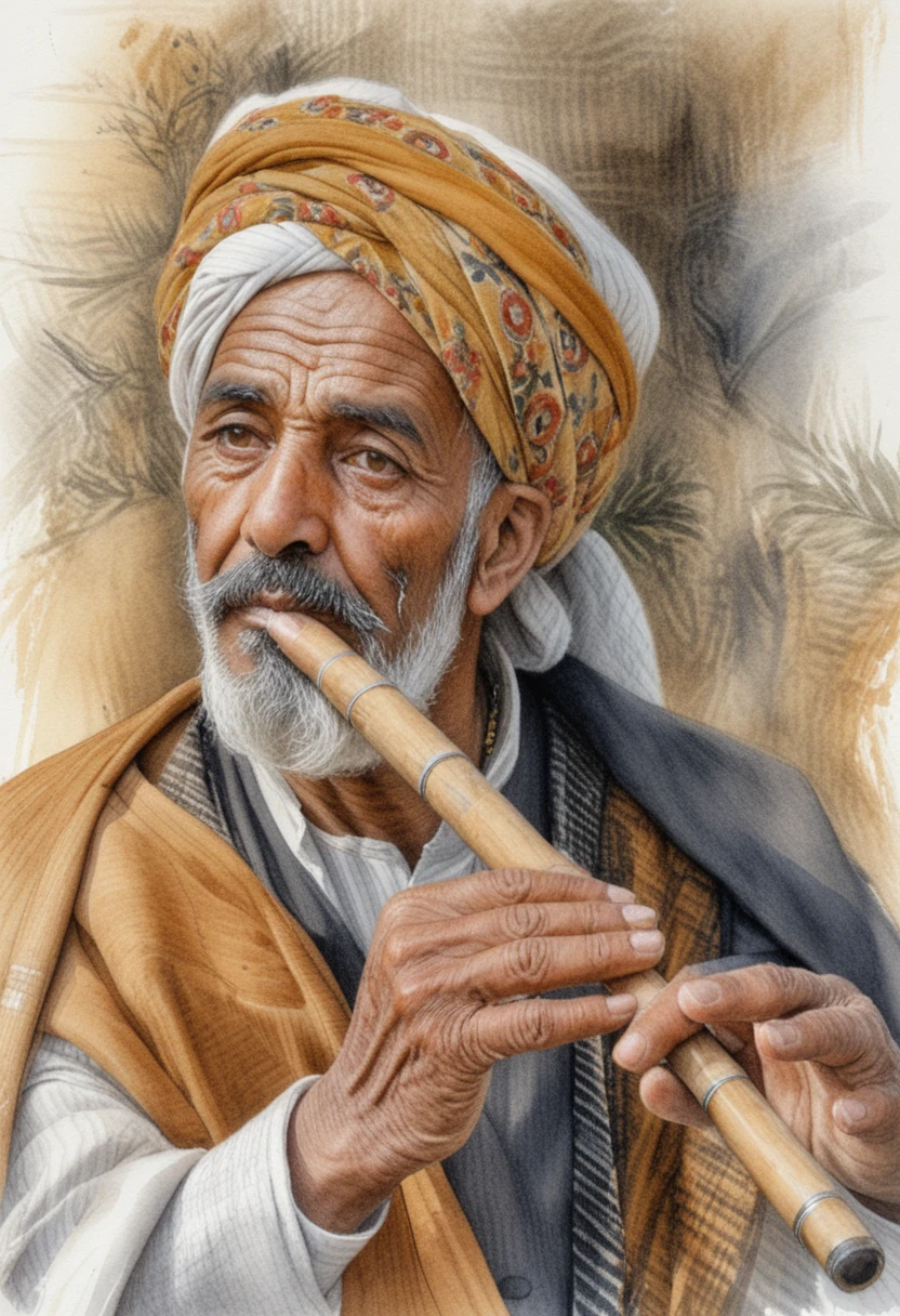 Elderly Middle Eastern man playing flute in detailed portrait