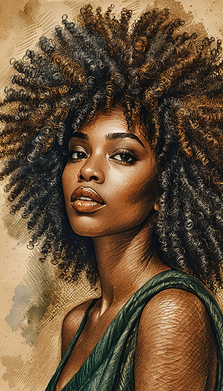 Serene Black Woman Close Up With Textured Ink Portrait