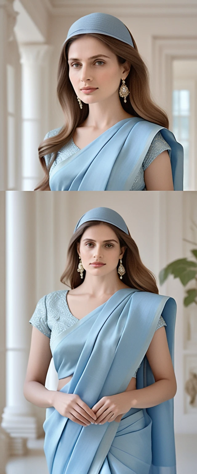 Retrato cinematográfico al aire libre de mujer elegante con sari azul