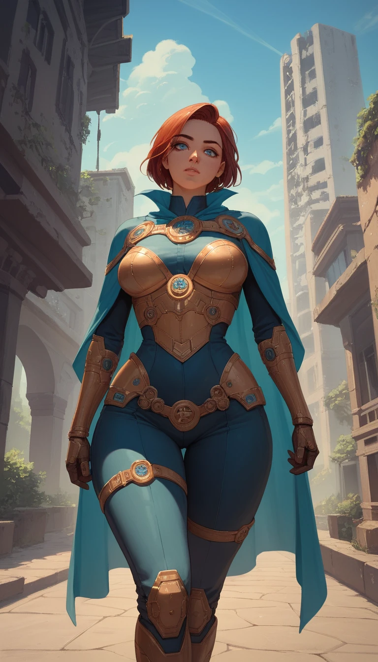 Heroína de fantasía curvilínea en una oscura ciudad steampunk