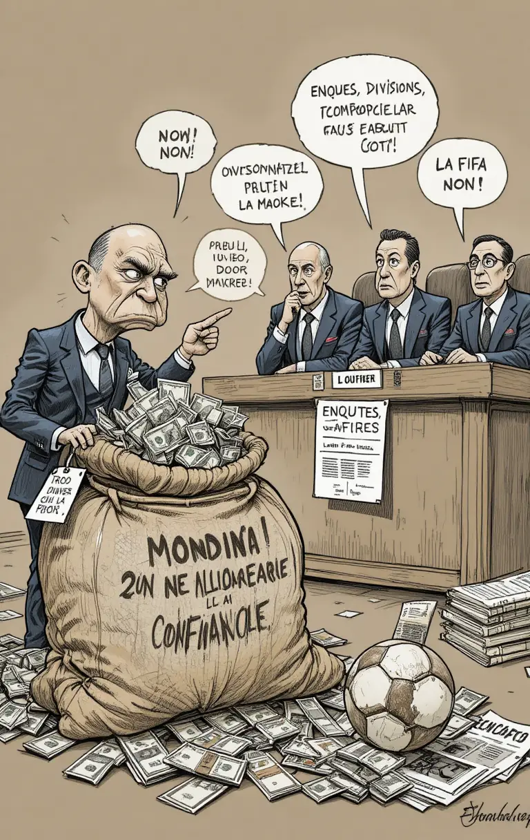 Caricatura satírica de dirigentes de fútbol discutiendo por dinero