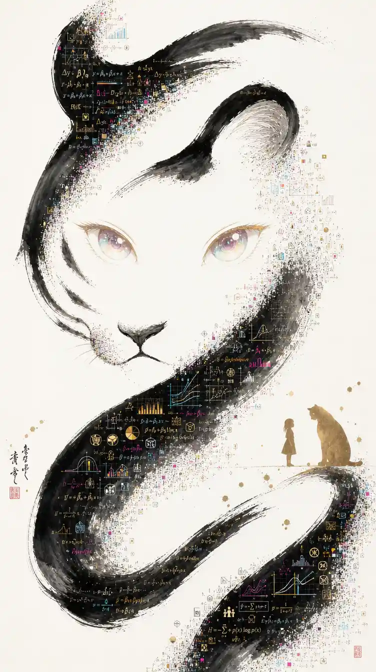 Tigre sumi-e minimaliste se dissolvant en glyphes de données