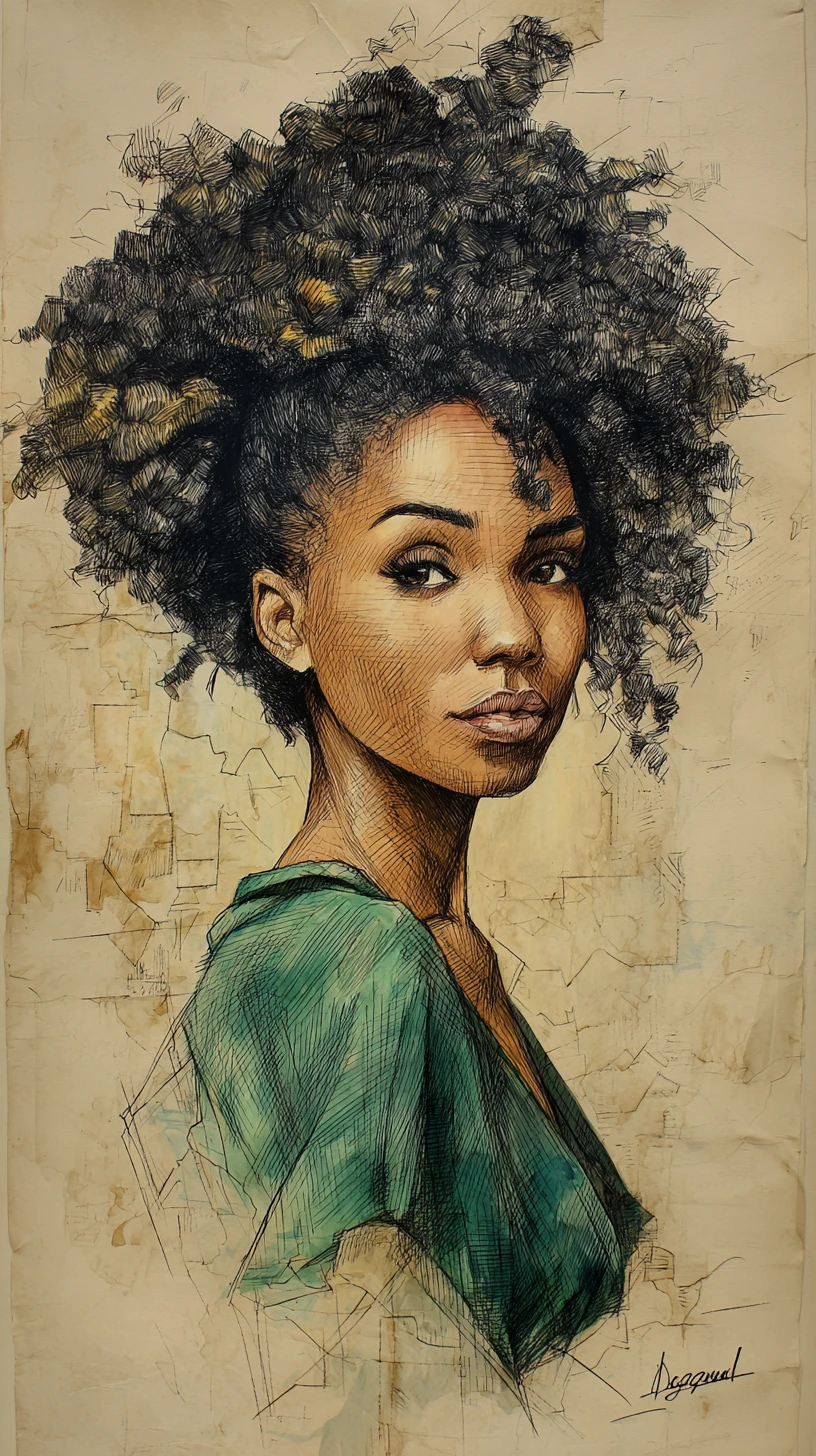 Retrato sereno en primer plano de una mujer negra con cabello afro