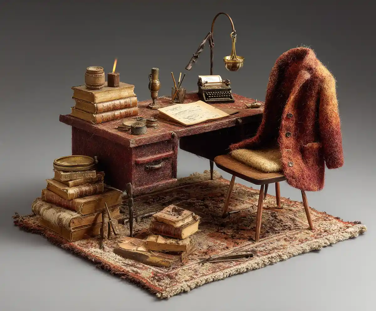 Sleeping felt fox beside brass compass on wool cardigan