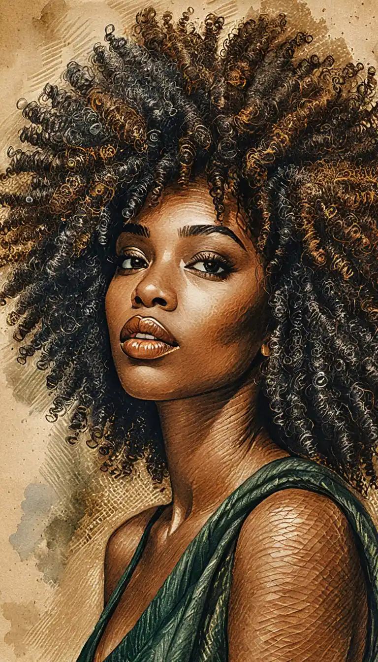 Serene Black Woman Close Up With Textured Ink Portrait