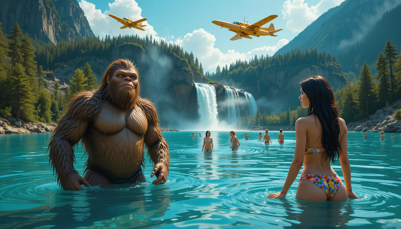 Bigfoot Relaxing In A Mountain Lake With Waterfall