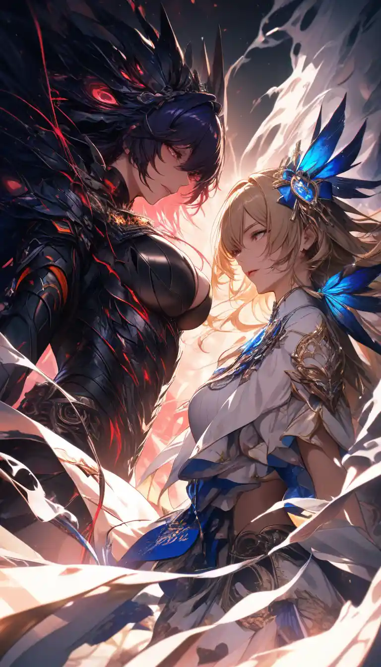 Two rival women facing each other in dramatic light