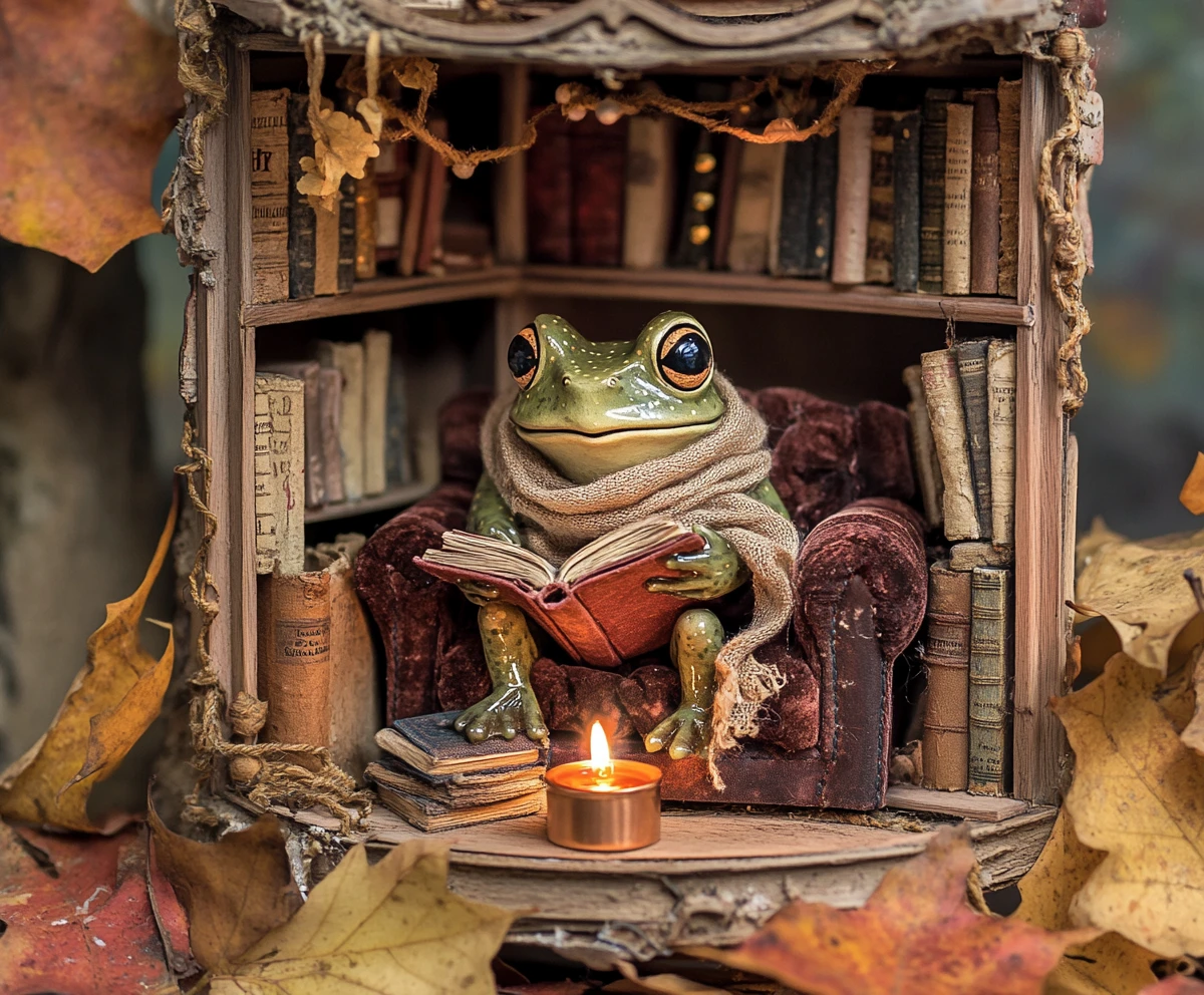 Cozy frog reading in a diorama inside a lightbulb