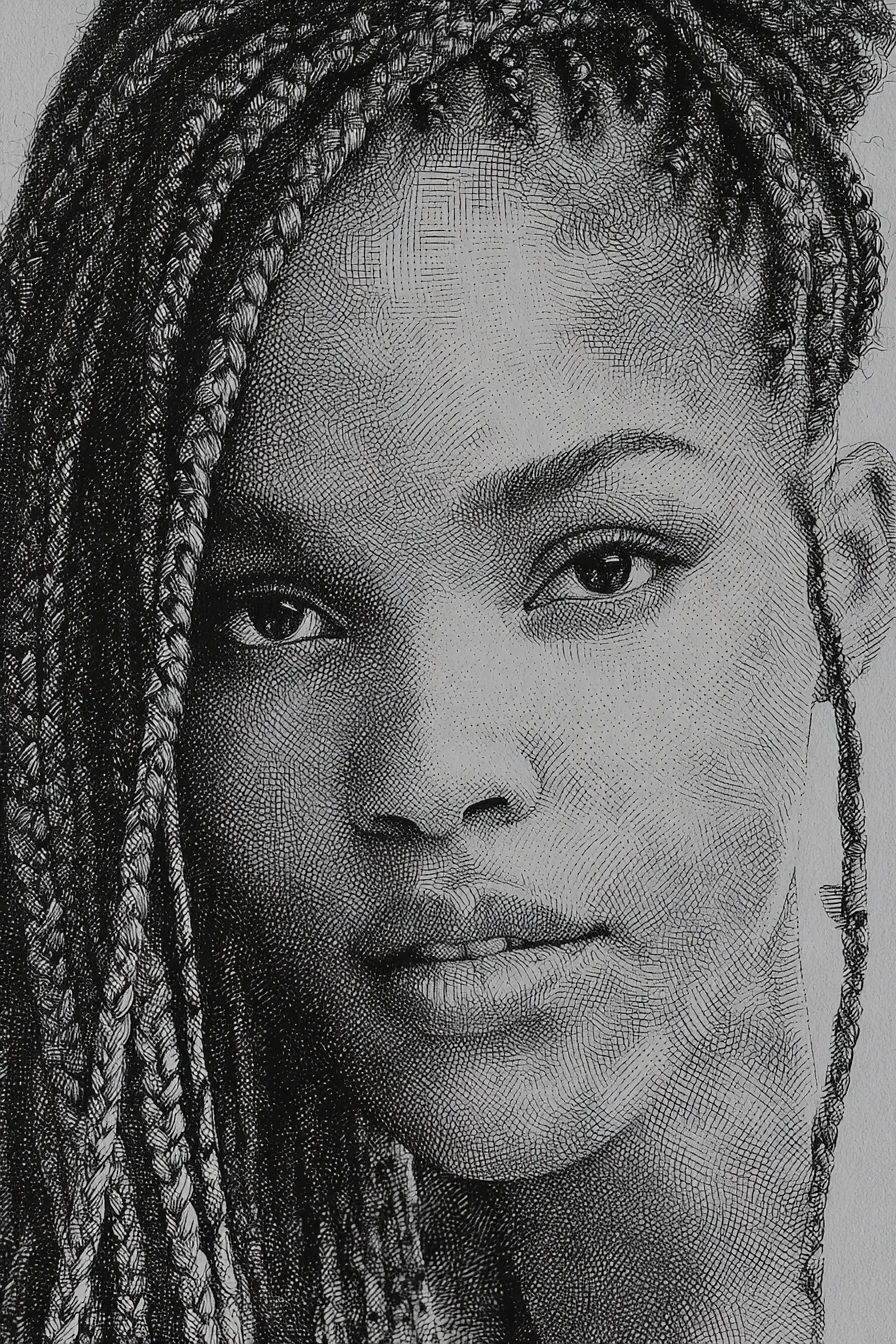 Retrato en grafito de una joven con trenzas box braids