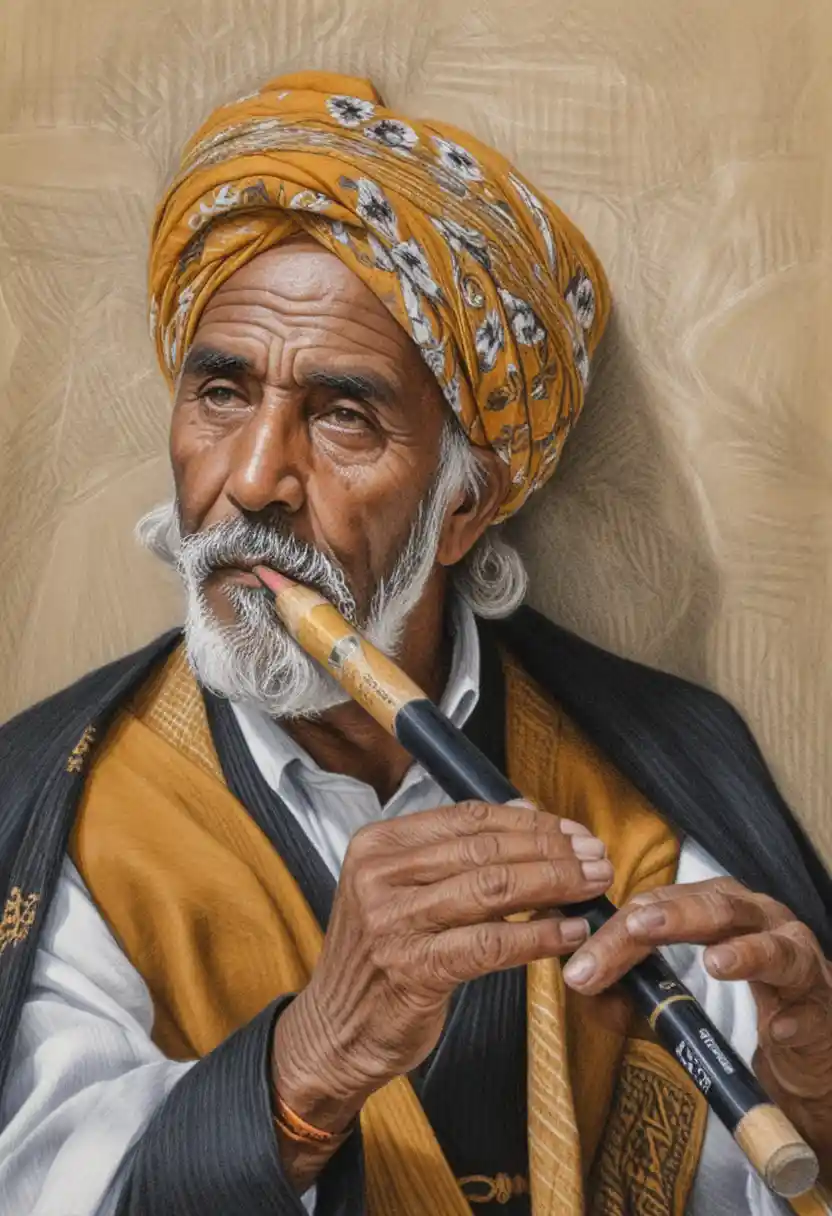 Elderly middle eastern man playing wooden flute portrait