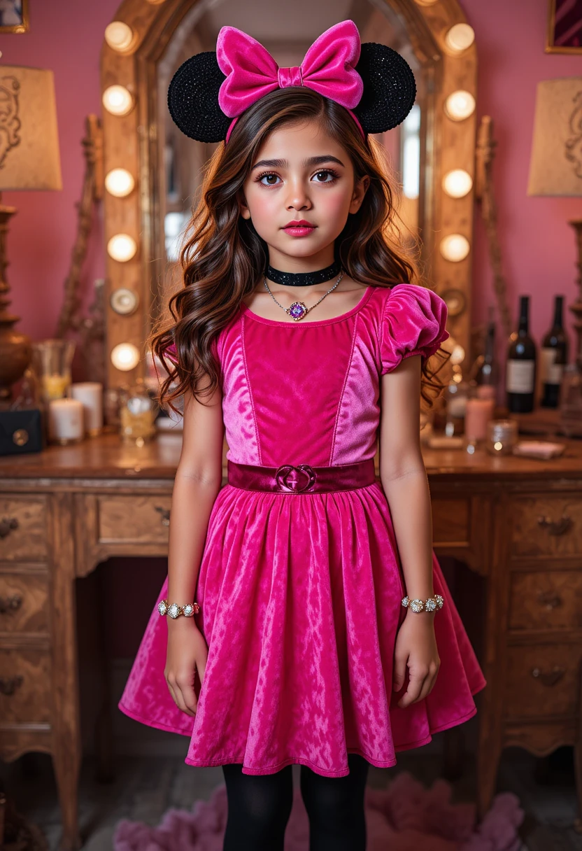 Tween in princess costume posing by vanity mirror