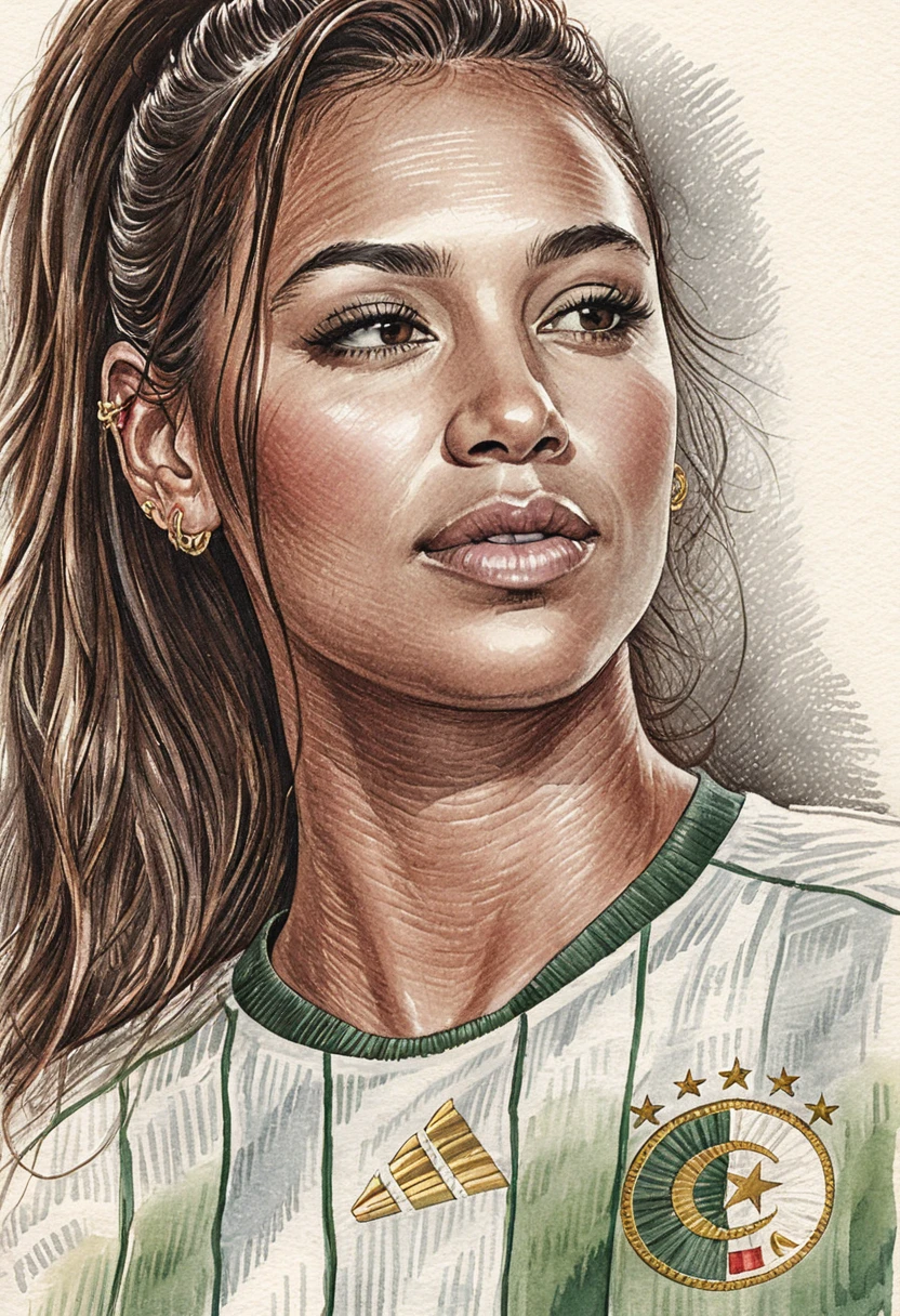 Retrato a bolígrafo de una joven serena con la camiseta de Argelia