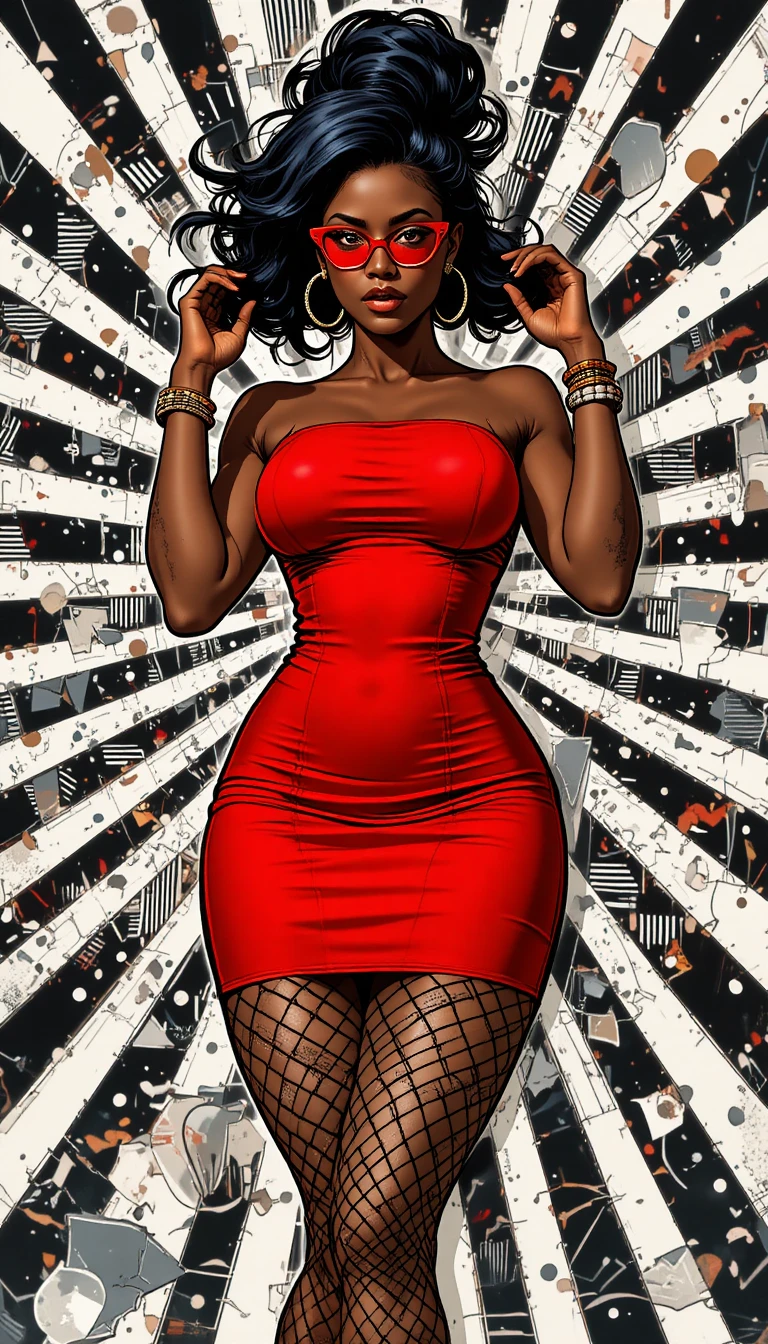 Stilvolle afrikanische Frau im roten Minikleid – Comicillustration