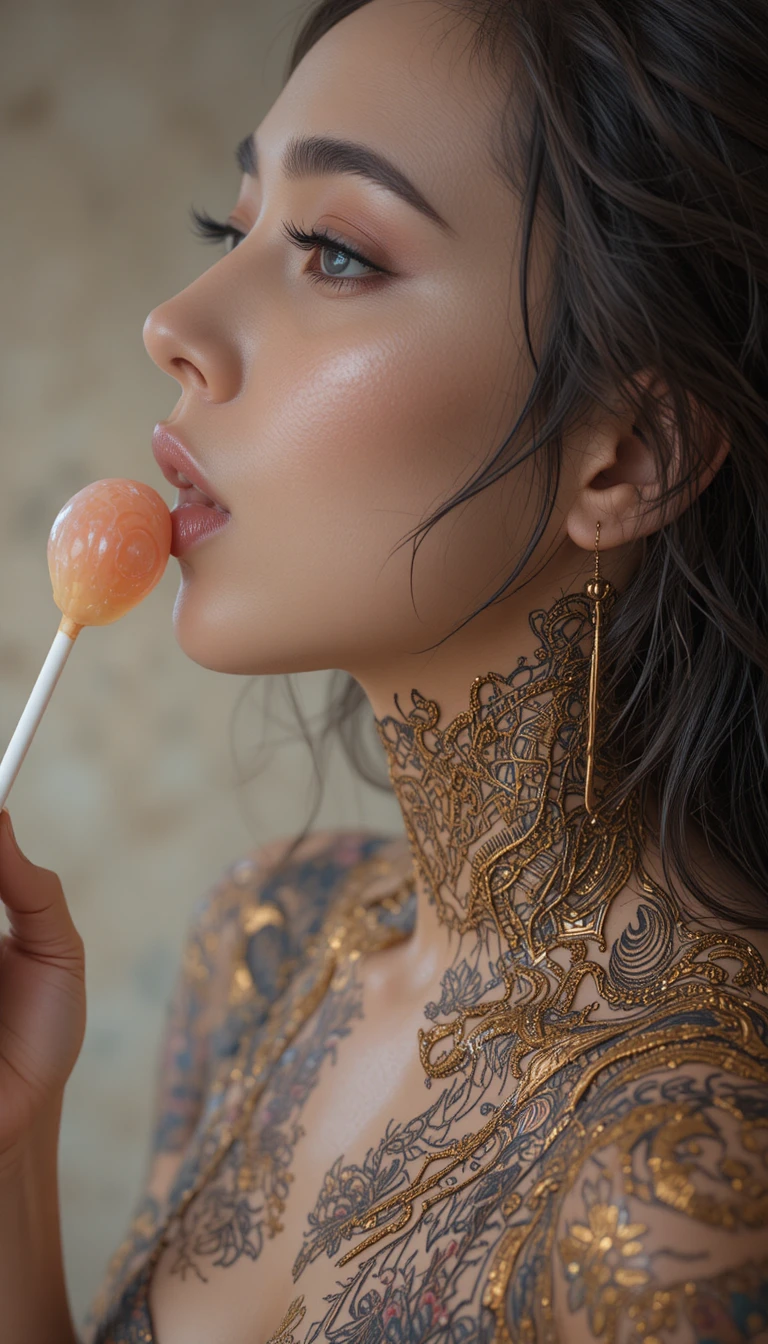 Sensual close up of woman kissing a lollipop