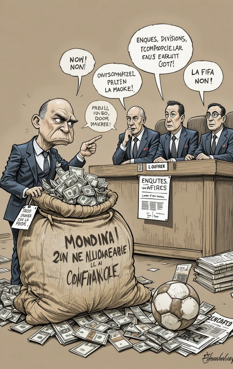 Caricatura satírica de dirigentes de fútbol discutiendo por dinero