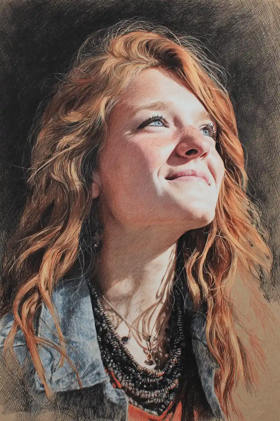 Ritratto a matite colorate di una ragazza sorridente dal basso