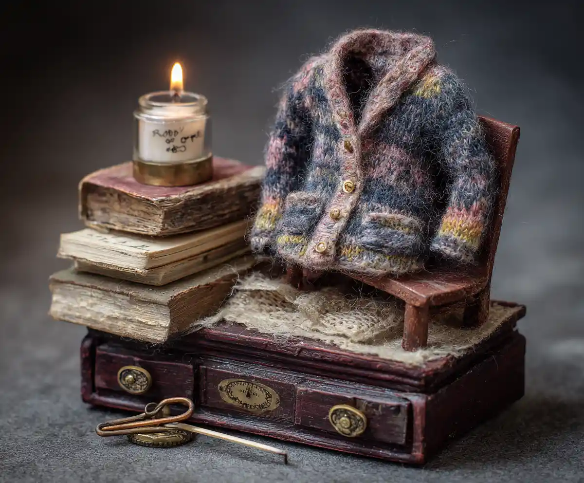 Sleeping felted fox on a cozy wool cardigan