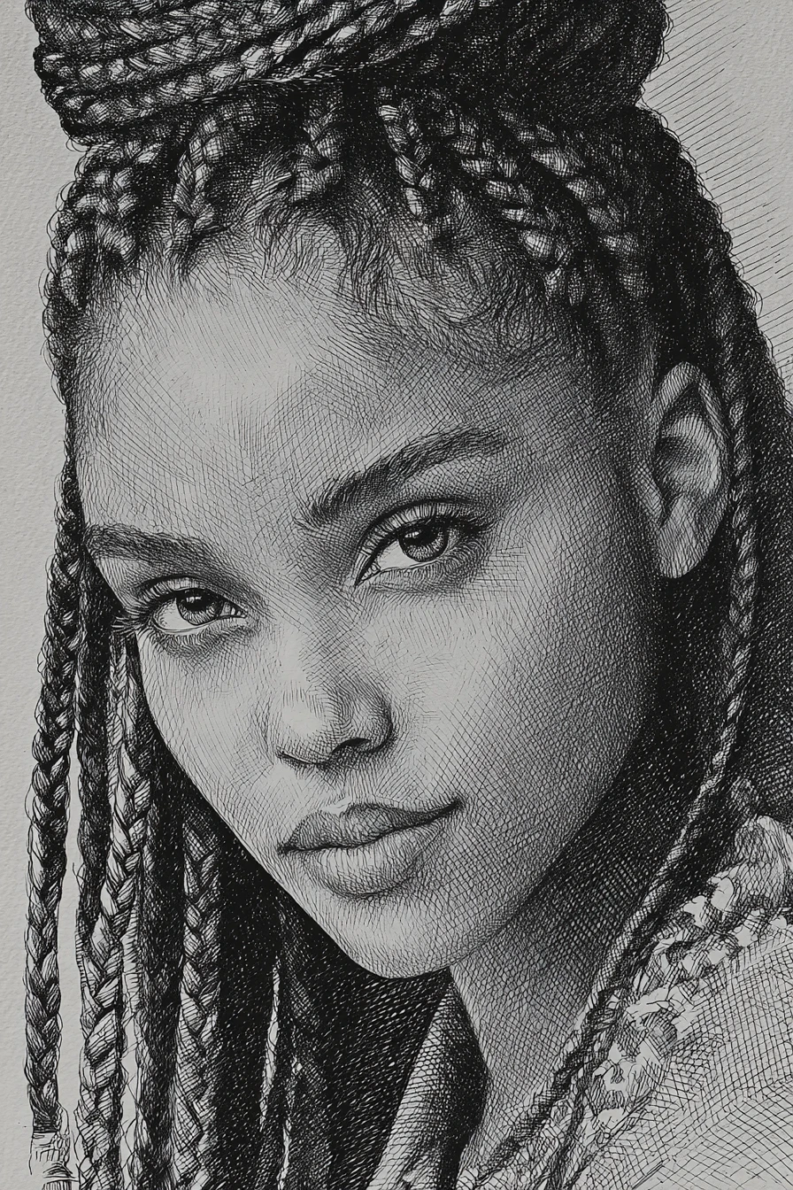 Close up graphite portrait of a young woman with braids