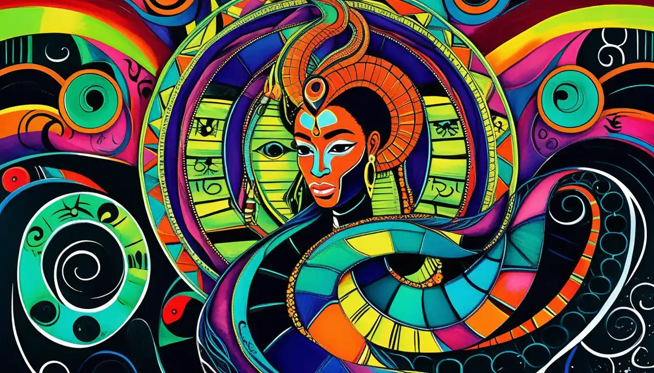 Afro luxe serpent guardian in surreal mixed media artwork