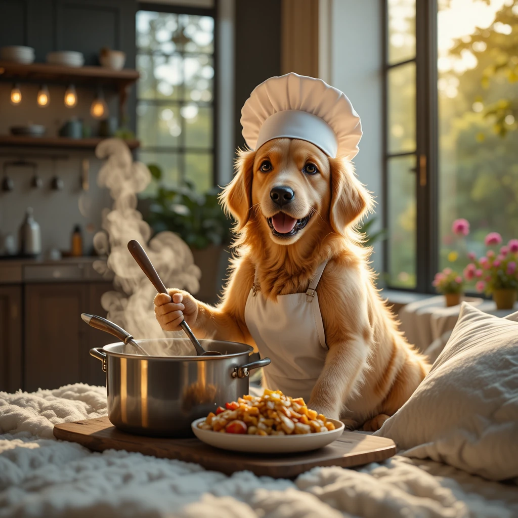 Cachorro golden retriever cocinando en una cocina moderna