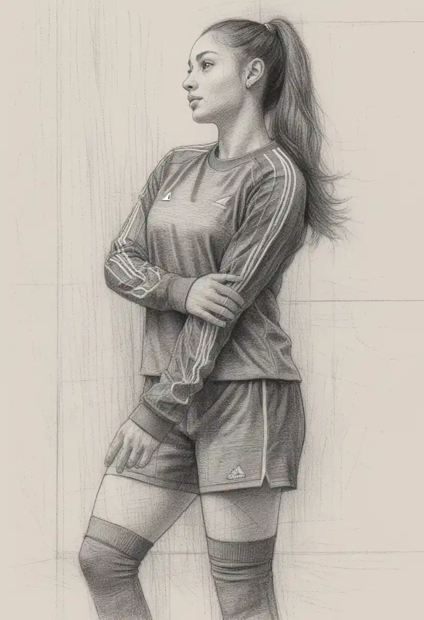 Full body pencil portrait of a focused young footballer