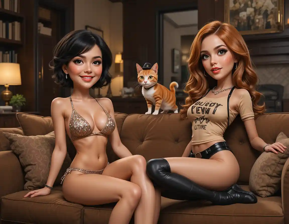 Two women and a cat in a warm modern living room