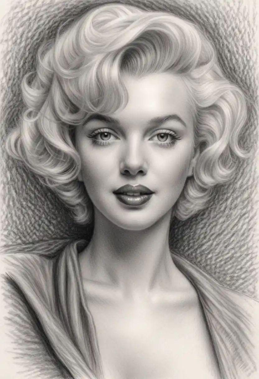 Retrato en grafito en primer plano de Marilyn Monroe en blanco y negro