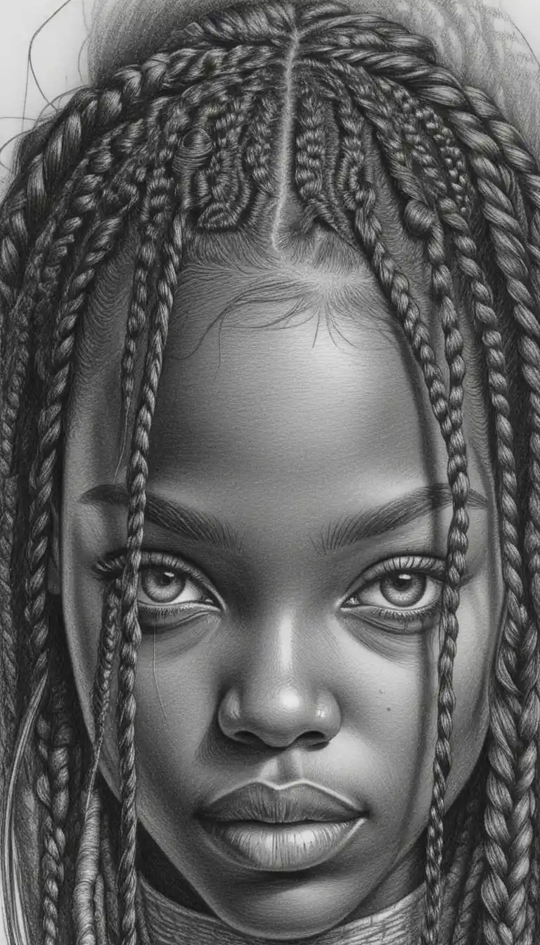Graphite portrait of a young woman with intense calm gaze