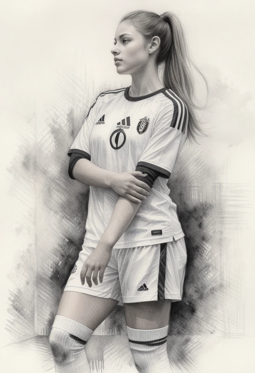 Retrato de perfil de una futbolista concentrada en dibujo