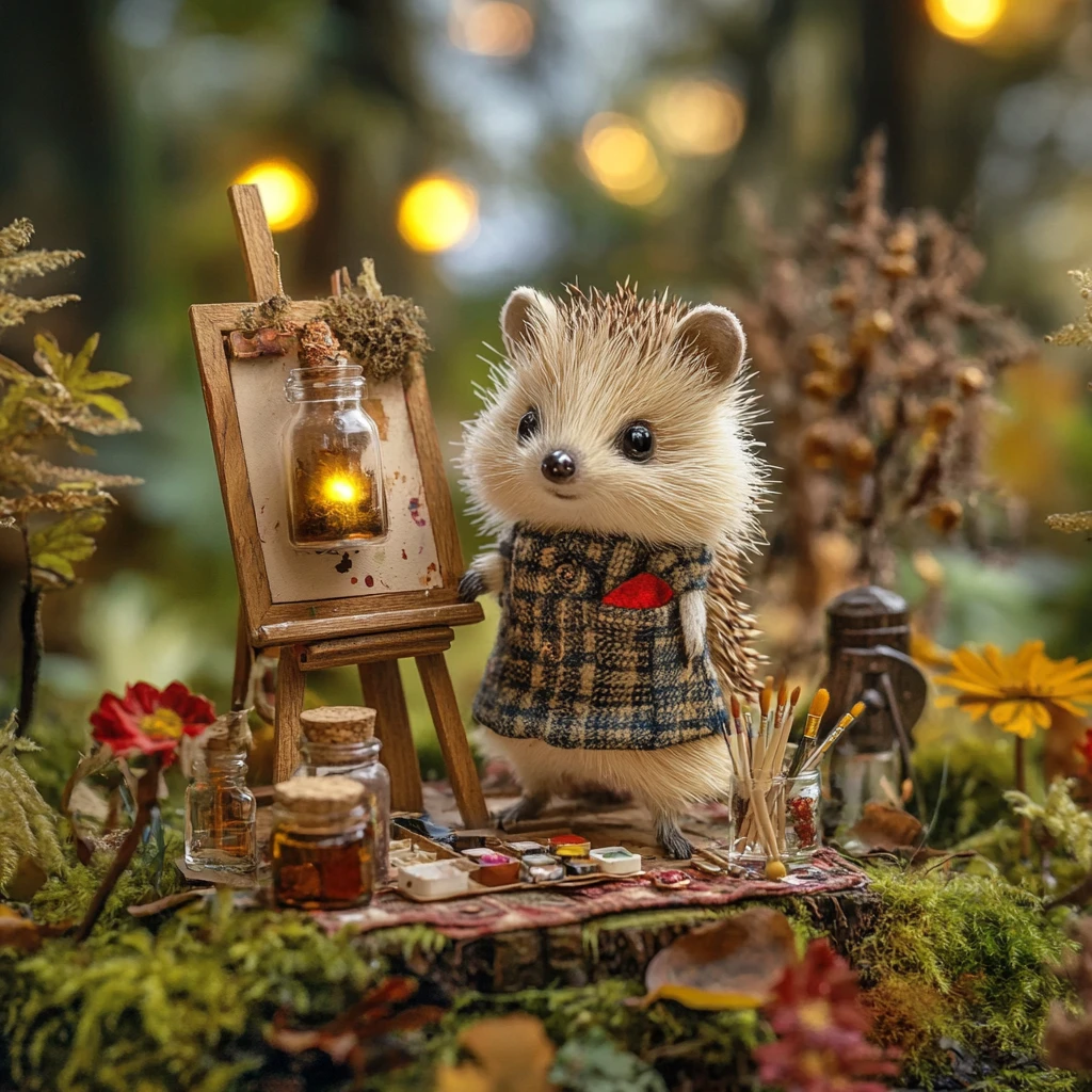 Hedgehog In A Tweed Vest Standing In A Forest Studio