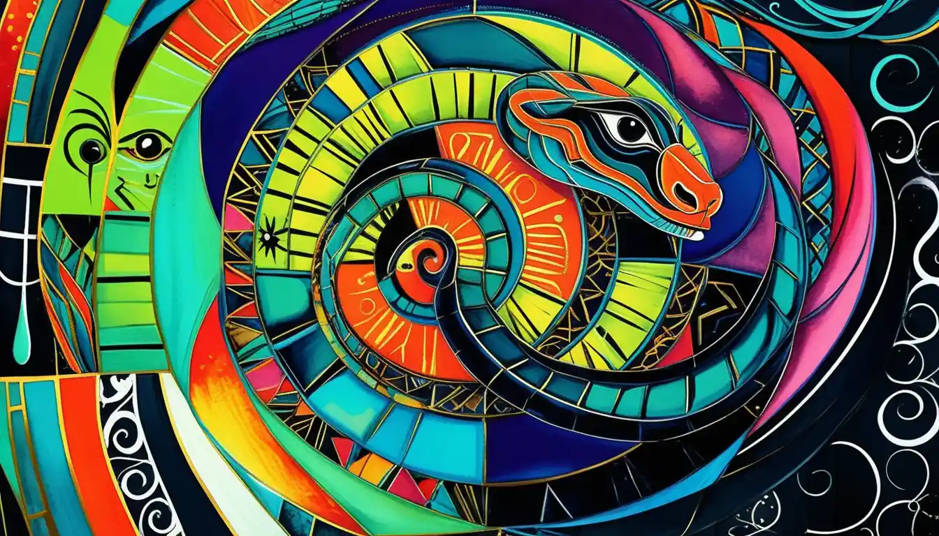 Sacred serpent guardian in luxurious African mixed media collage