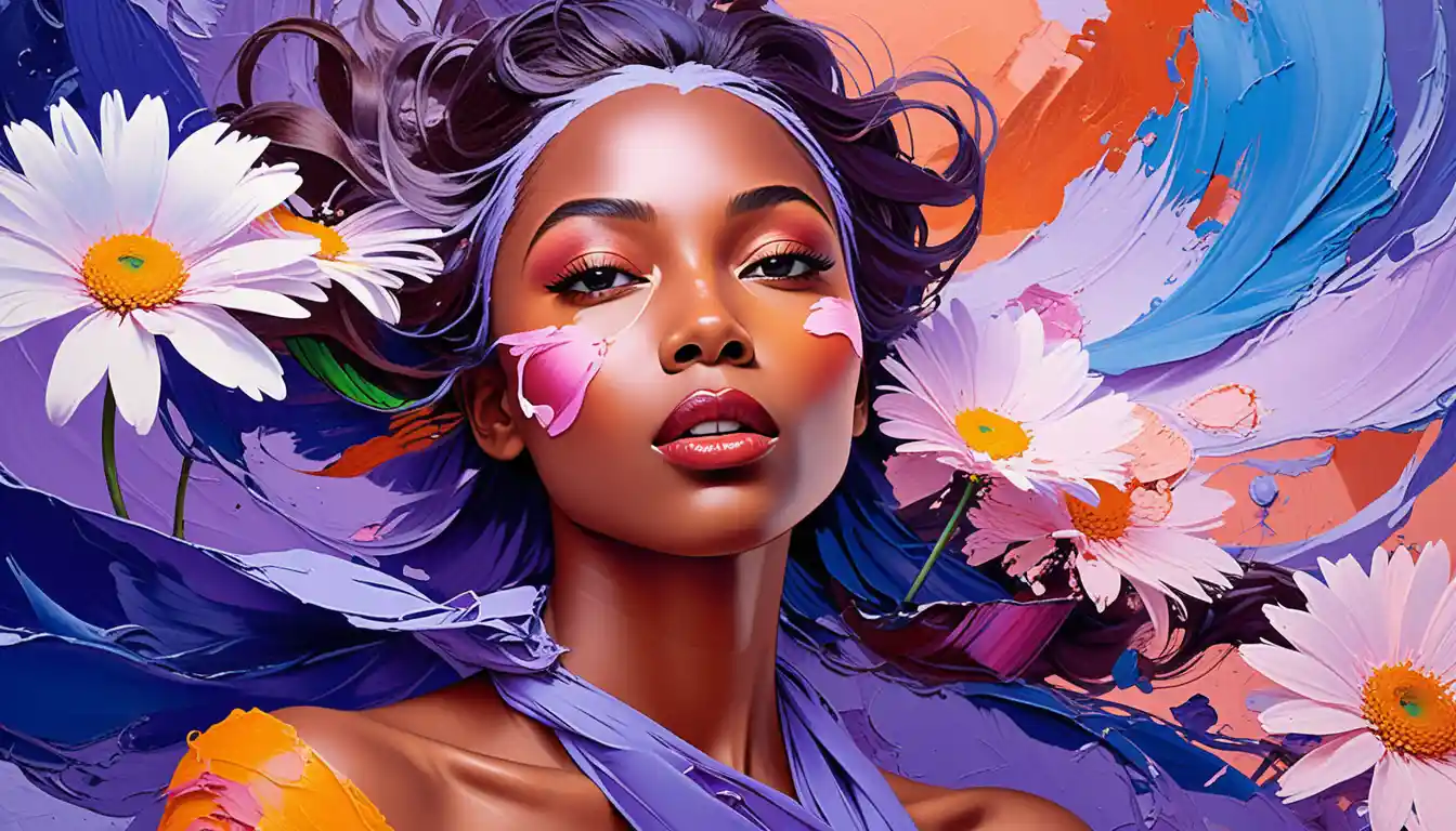 Surreal portrait of a woman in flowing blue silk with daisies