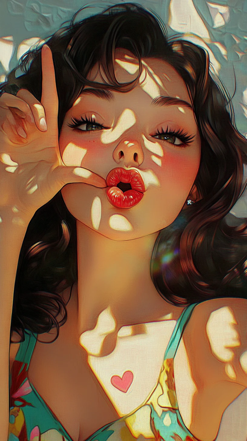 Princesa de anime lanzando un tímido beso al aire lleno de corazones – retrato
