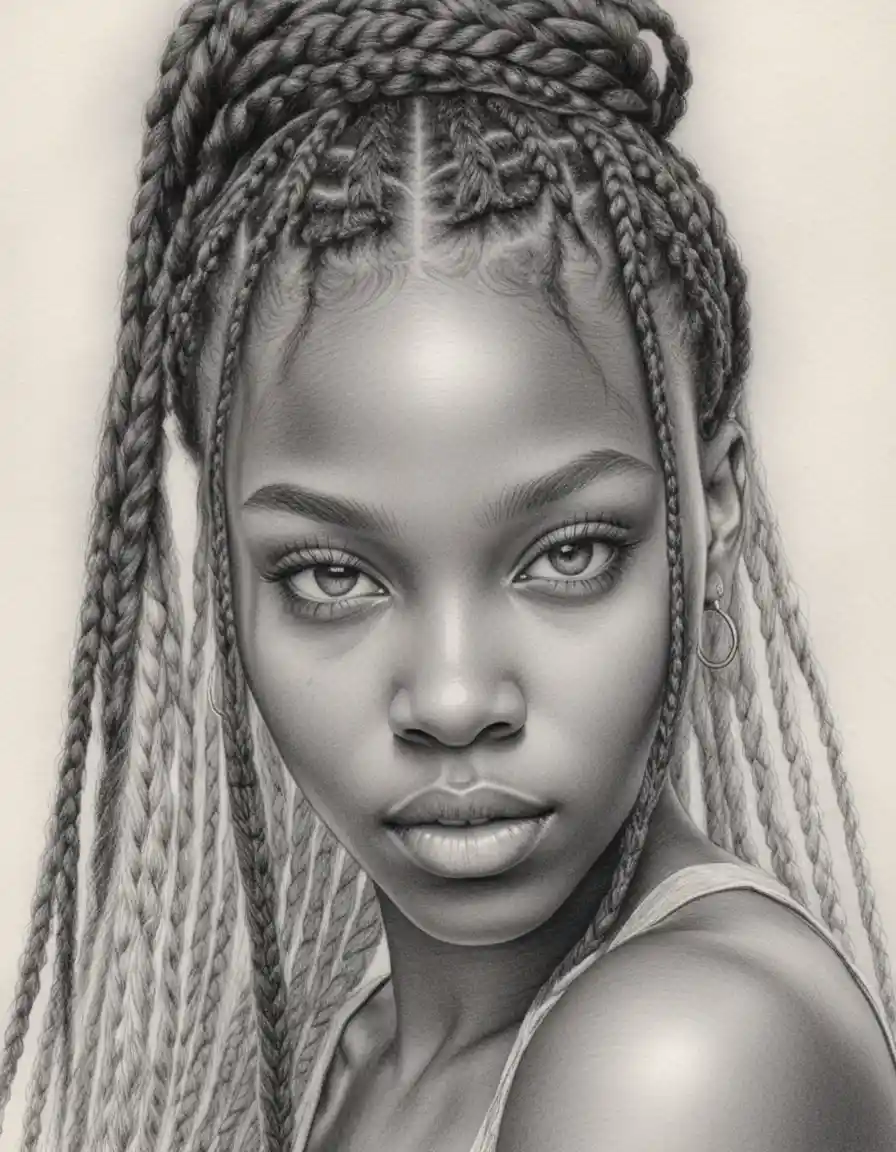 Close up pencil portrait of a young woman with braids